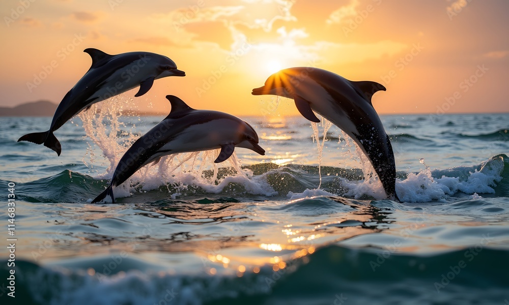 Three Dolphins Leaping at Sunset: A Breathtaking Ocean Scene Three Dolphins Leaping at Sunset: A Breathtaking Ocean Scene