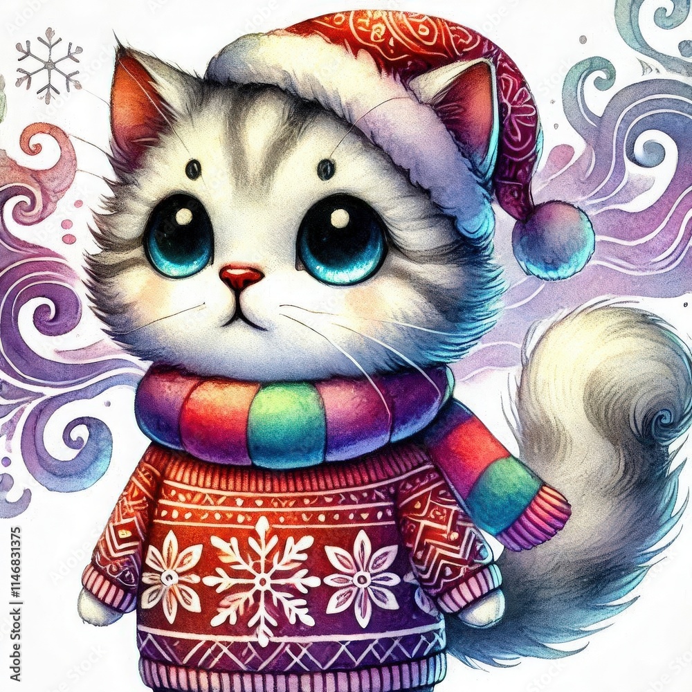 Obraz premium A charming kitty wearing a vibrant sweater and a Santa hat stands against a backdrop of swirling snowflakes, embodying the joy of the winter season