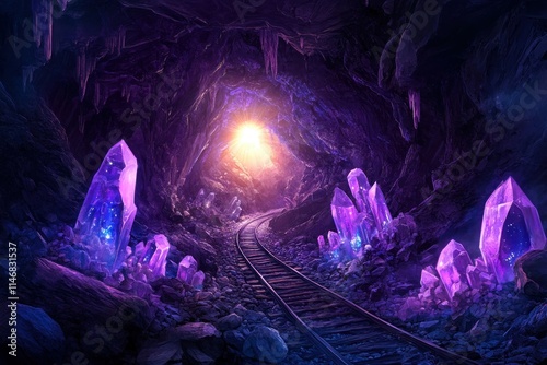 Stunning Underground Cave with Radiant Purple Crystals Illuminated by Mysterious Light, Featuring a Train Track Leading Into the Enigmatic Depths of Nature's Hidden Wonders
