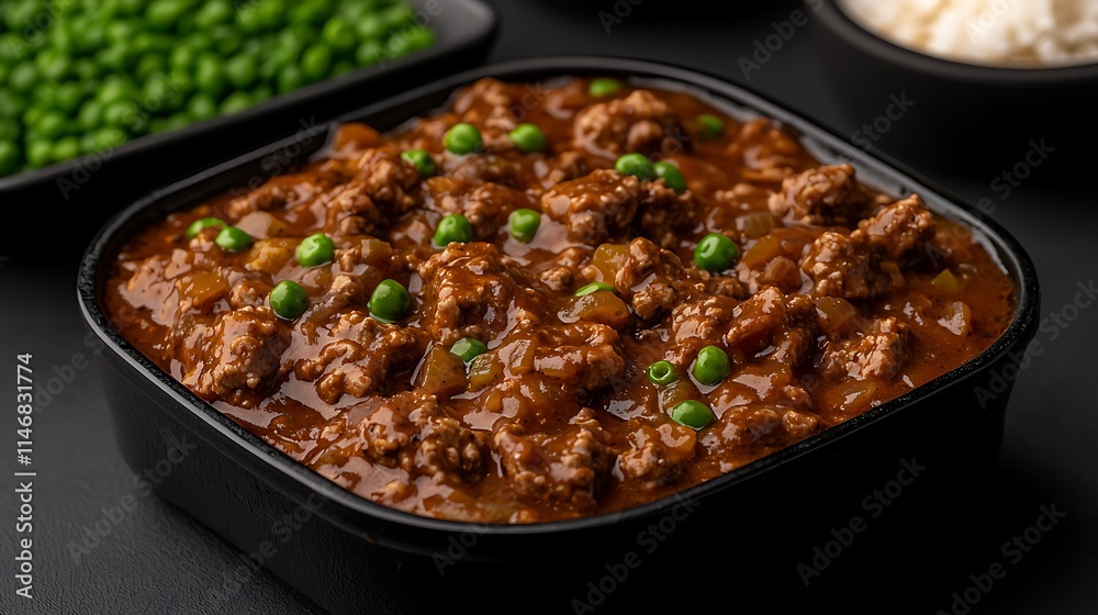Delicious Homemade Beef Stew with Peas in Black Bowl Delicious Homemade Beef Stew with Peas in Black Bowl