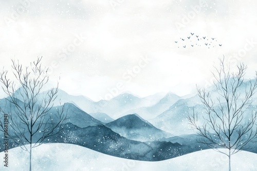 Serene Winter Landscape with Soft Blue Mountains and Snowfall, Featuring Bare Trees and a Flock of Birds in a Calm Sky, Evoking Peace and Tranquility