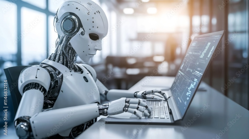 Futuristic Robot Working on a Computer - Modern Technology and Innovation Futuristic Robot Working on a Computer - Modern Technology and Innovation