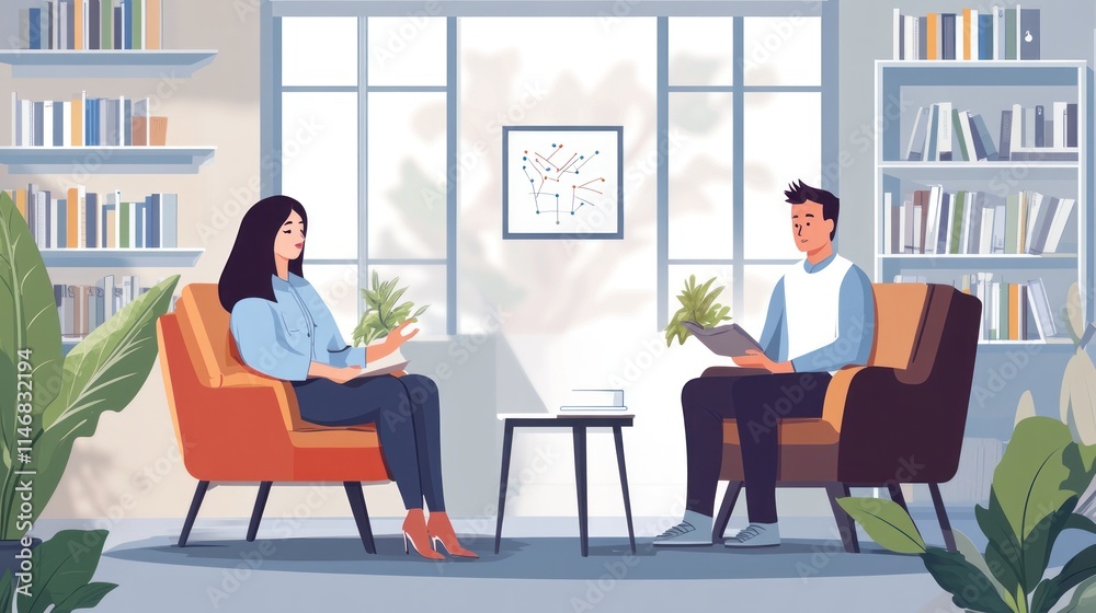 Man and woman in armchairs discussing in a bright office. Man and woman in armchairs discussing in a bright office.