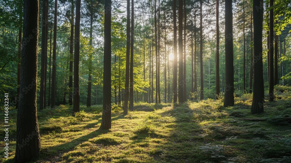 Naklejka premium Sunlit Forest Path: A Serene Nature Escape