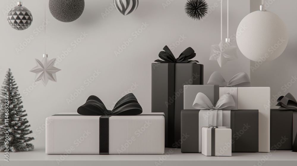 A minimalist Christmas display featuring 3D-rendered gifts wrapped in monochrome colors, set against a clean, modern background with sparse decorations