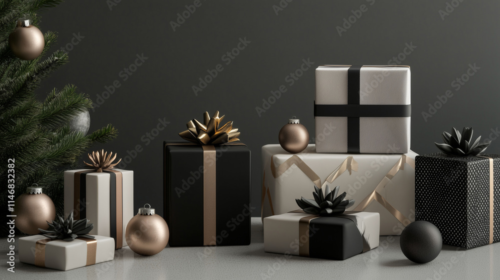 3D-rendered Christmas gifts with minimalist monochrome wrapping and geometric shapes, placed artfully on a modern surface with soft lighting, complemented by minimal holiday decor