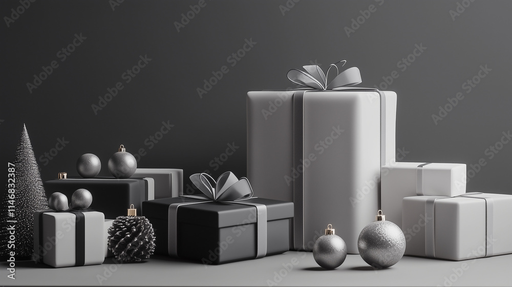 3D-rendered Christmas gifts with minimalist monochrome wrapping and geometric shapes, placed artfully on a modern surface with soft lighting, complemented by minimal holiday decor