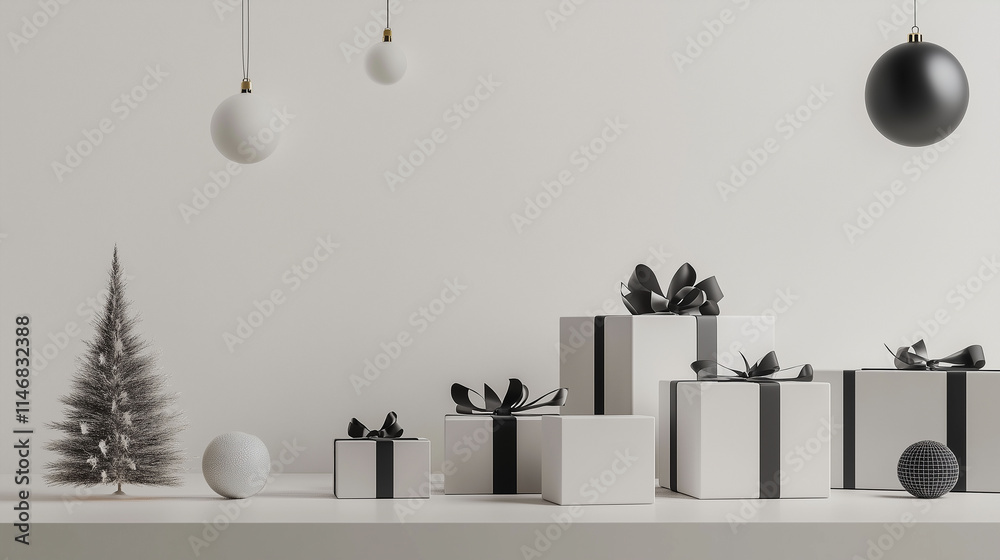 A minimalist Christmas display featuring 3D-rendered gifts wrapped in monochrome colors, set against a clean, modern background with sparse decorations