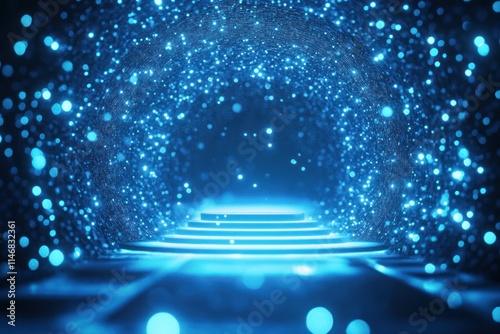 Enigmatic Blue Tunnel of Light with Shimmering Particles and Illuminated Steps Evoking a Sense of Depth and Cosmic Wonder in a Digital Environment