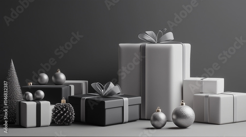 Obraz na płótnie 3D-rendered Christmas gifts with minimalist monochrome wrapping and geometric shapes, placed artfully on a modern surface with soft lighting, complemented by minimal holiday decor w salonie
