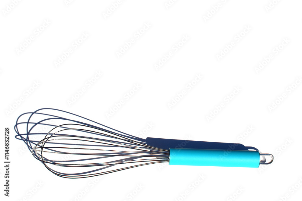 On a white background lies a hand-held iron whisk for kneading dough.	