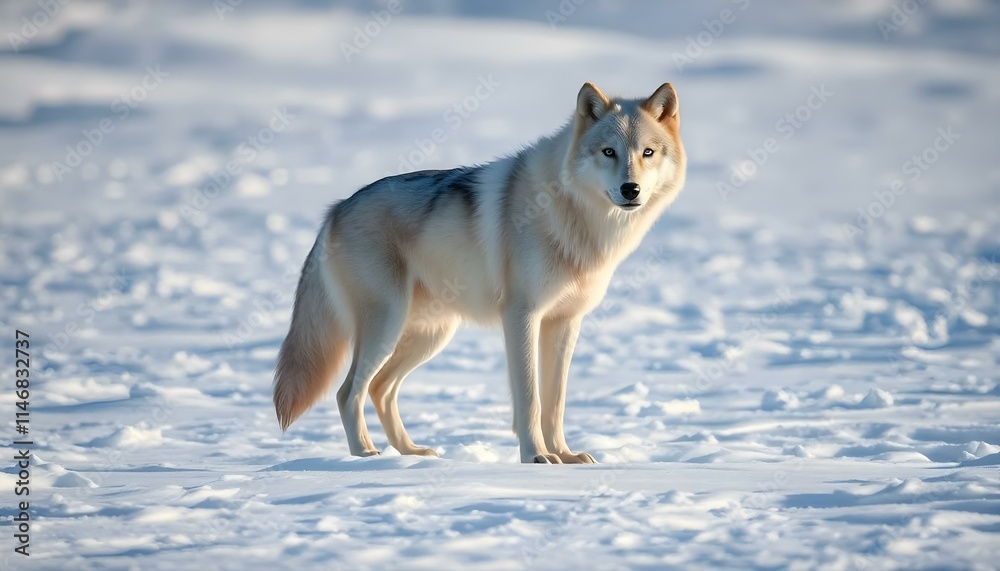 Tundra Wolf in snowy wilderness, blending seamlessly into its serene natural habitat. Tundra Wolf in snowy wilderness, blending seamlessly into its serene natural habitat.