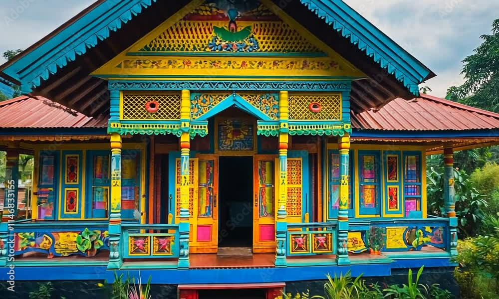 Vibrantly Painted Indonesian House with Intricate Carvings and Lush Surroundings Vibrantly Painted Indonesian House with Intricate Carvings and Lush Surroundings