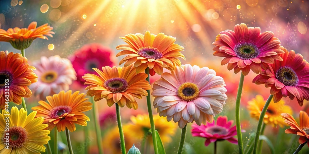 A field of colorful gerbera daisies basking in the warm glow of the setting sun, their delicate petals reaching toward the sky. A field of colorful gerbera daisies basking in the warm glow of the setting sun, their delicate petals reaching toward the sky.
