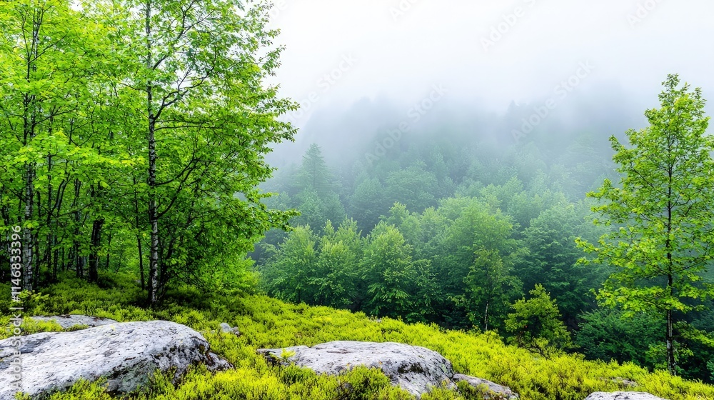 Obraz premium Misty mountain forest landscape with lush green trees and rocky foreground.