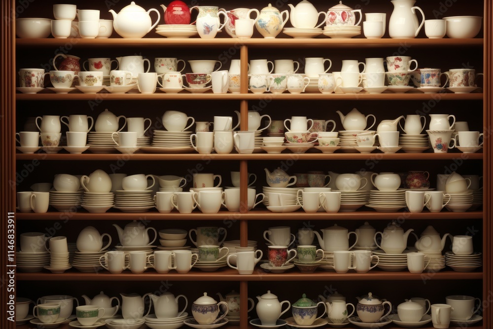 Coffee shop shelf with coffee cups and saucers.
