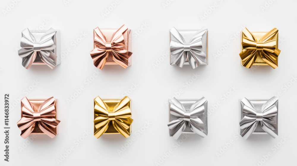 A set of uniquely wrapped gifts in metallic foil colors like gold, silver, and rose gold, styled with luxurious bows, perfectly centered against a pure white background, pristine image clarity, detail A set of uniquely wrapped gifts in metallic foil colors like gold, silver, and rose gold, styled with luxurious bows, perfectly centered against a pure white background, pristine image clarity, detail