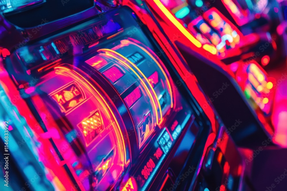 Vivid Neon Colors of an Exciting Slot Machine Game in a Casino, Highlighting Bright Lights, Mechanical Reels, and Electric Atmosphere for Gamblers and Aficionados Vivid Neon Colors of an Exciting Slot Machine Game in a Casino, Highlighting Bright Lights, Mechanical Reels, and Electric Atmosphere for Gamblers and Aficionados