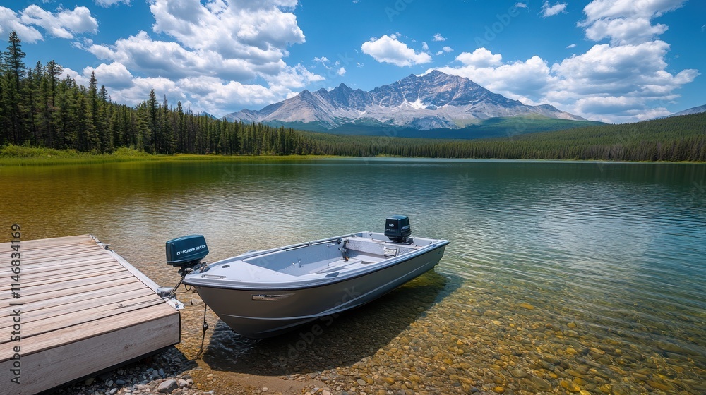 Calm mountain lake with small motorboat at wooden dock. Calm mountain lake with small motorboat at wooden dock.