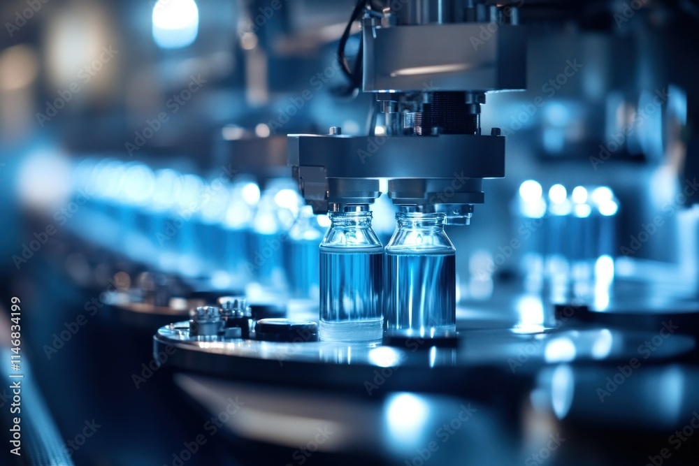 Innovative Industrial Setup for Pharmaceutical Production with Automated Bottling Process Featuring Clear Vials and Advanced Technology in a Modern Lab Environment Innovative Industrial Setup for Pharmaceutical Production with Automated Bottling Process Featuring Clear Vials and Advanced Technology in a Modern Lab Environment