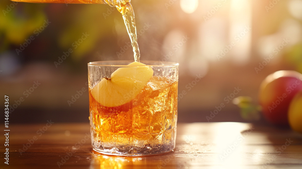 Refreshing beverage with apple slices served during golden hour outdoors. Refreshing beverage with apple slices served during golden hour outdoors.