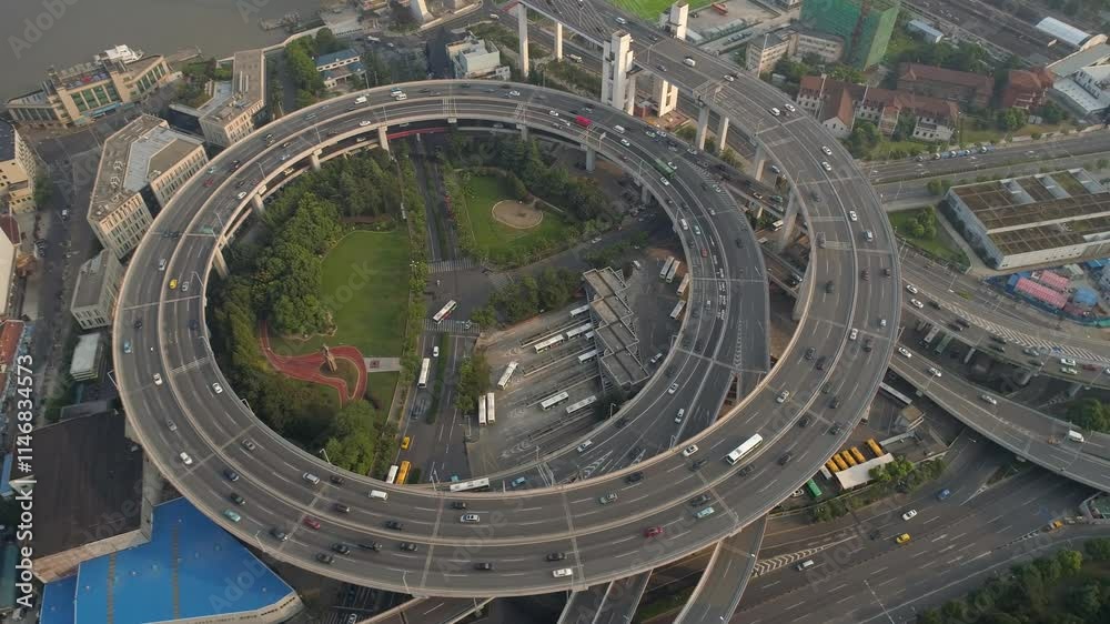 SHANGHAI, CHINA - NOVEMBER 7, 2024 aerial view of traffic and urban landscape showcasing roadways and green spaces in bustling Shanghai SHANGHAI, CHINA - NOVEMBER 7, 2024 aerial view of traffic and urban landscape showcasing roadways and green spaces in bustling Shanghai