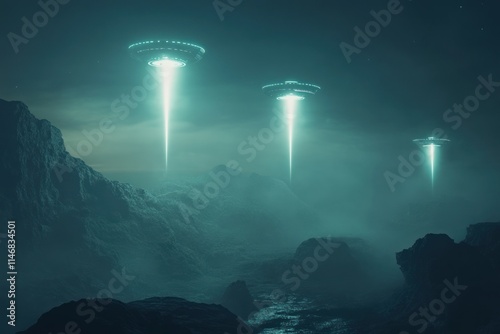 Mysterious UFOs Emitting Beams of Light Over an Alien Landscape with Dark Rocks and Hazy Atmosphere at Dusk, Evoking a Sense of Otherworldly Encounter