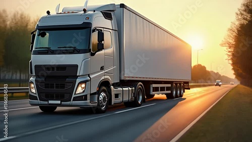 A modern European truck with standard trailer is driving on the road