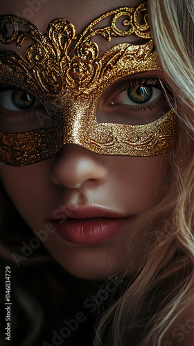 Close-up of a blonde-haired woman, with a Venetian carnival mask