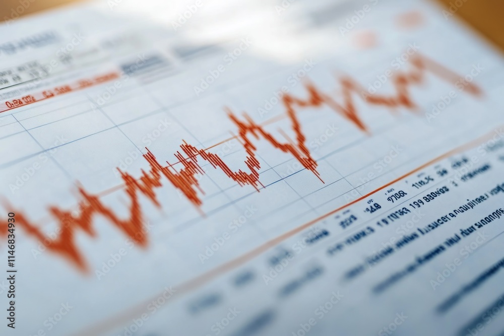 Stock Market Fluctuations Displayed on Financial Chart Paper with Orange Graph Lines Illustrating Price Movements and Market Volatility in a Close-Up View Stock Market Fluctuations Displayed on Financial Chart Paper with Orange Graph Lines Illustrating Price Movements and Market Volatility in a Close-Up View