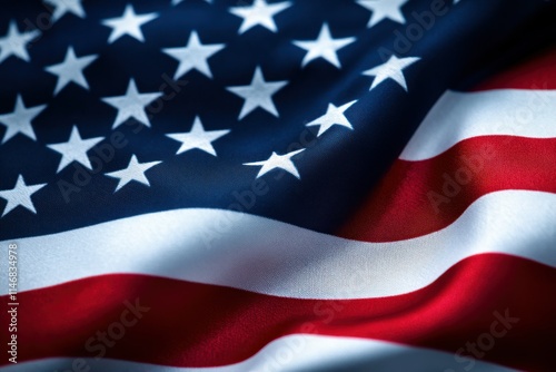 Close-Up of a Waving American Flag Featuring Stars and Stripes with Vibrant Colors and Textures, Capturing the Essence of Patriotism and National Pride