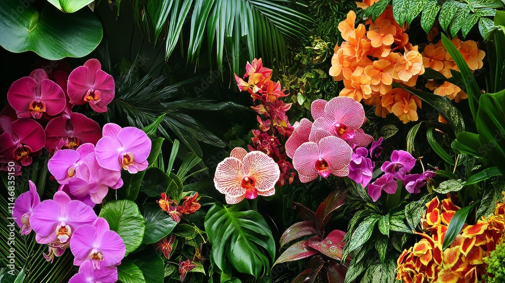 Exotic tropical flowers in a lush botanical garden setting, overhead shot, Tropical style Exotic tropical flowers in a lush botanical garden setting, overhead shot, Tropical style