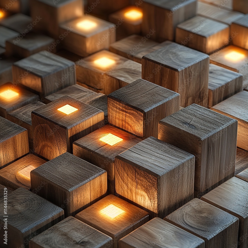 Illuminated wooden blocks art installation modern gallery photography indoor close-up contemporary design concepts Illuminated wooden blocks art installation modern gallery photography indoor close-up contemporary design concepts