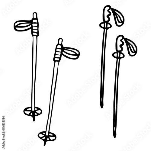 Set of ski sticks hand drawn doodle. Sports equipment. Long poles for walking on snow. Ski resort. Winter games tool. Vacation. Holiday rest. Vector line art illustration.