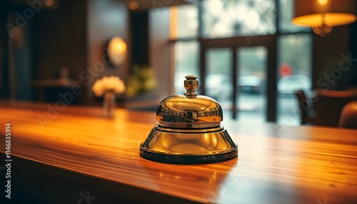 Elegant hotel reception bell on wooden counter, symbolizing hospitality and service. photo