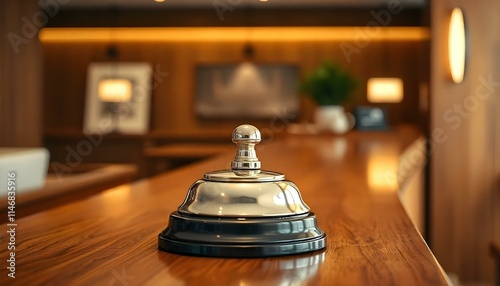 Elegant hotel reception bell on wooden counter, symbolizing hospitality and service. photo