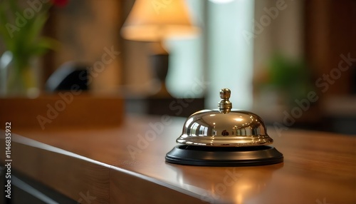 Elegant hotel reception bell on wooden counter, symbolizing hospitality and service. photo