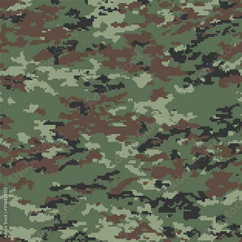 Woodland camouflage seamless pattern incorporating tiny pixels and geometrical shapes of brown, olive green, light green and black.