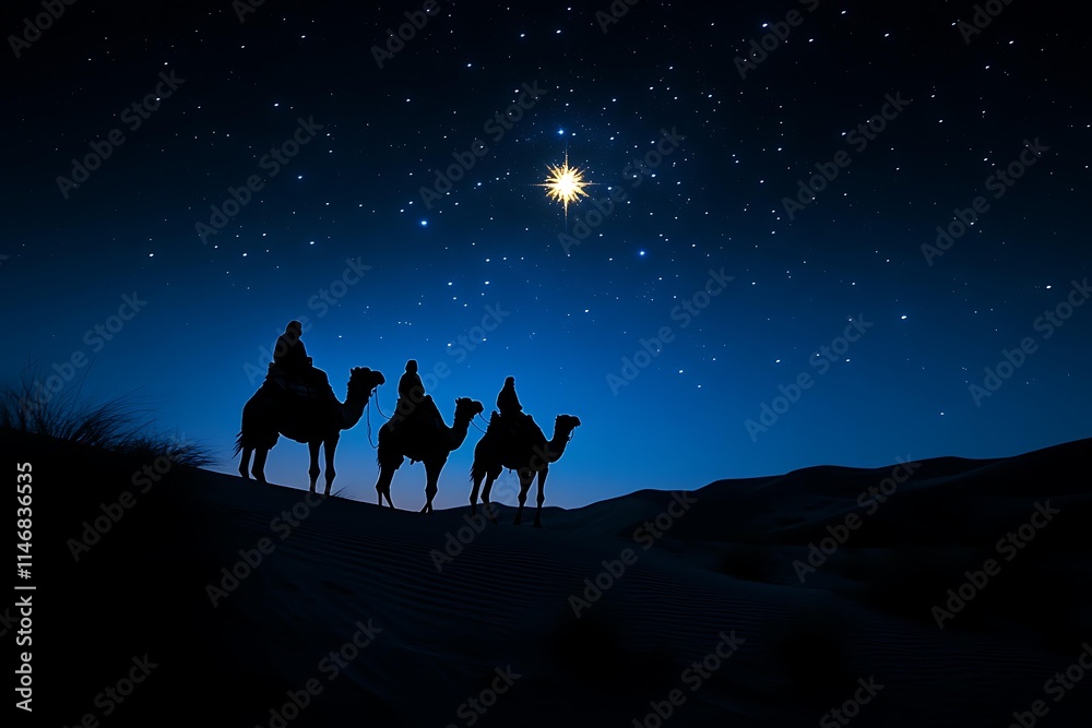 A star shines in the sky, and three camels carry Christmas angels to be born on Earth. Desert dunes. A star shines in the sky, and three camels carry Christmas angels to be born on Earth. Desert dunes.