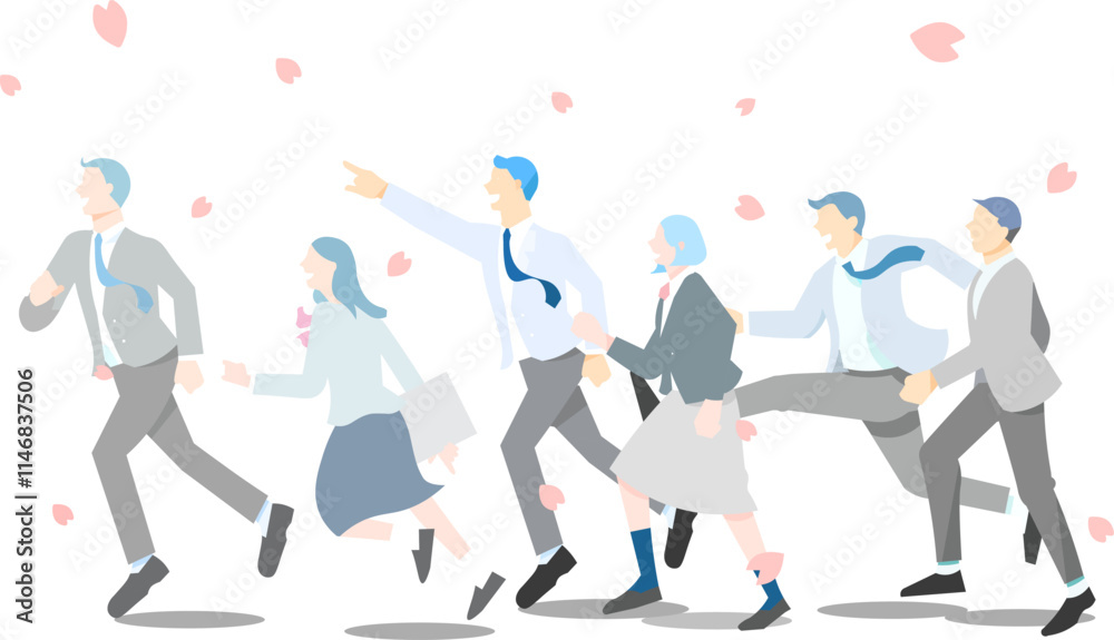 桜の花と走る学生男女ー横顔ー全身ー卒業ー入学ー人物シンプル線画ベクターイラスト素材 桜の花と走る学生男女ー横顔ー全身ー卒業ー入学ー人物シンプル線画ベクターイラスト素材