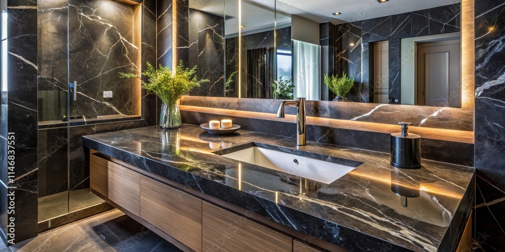 Fototapeta premium Modern Bathroom Vanity with Sleek Black Marble and Warm Wood Accents