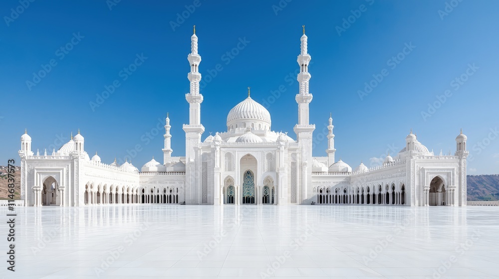 Fototapeta premium Grand white mosque under a clear blue sky.