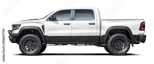 Modern powerful American white pickup truck, side view in png format.