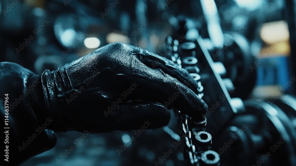 Closeup of Gloved Hand Inspecting Industrial Chain in Factory Setting A Detailed Look at Manufacturing Processes Closeup of Gloved Hand Inspecting Industrial Chain in Factory Setting A Detailed Look at Manufacturing Processes