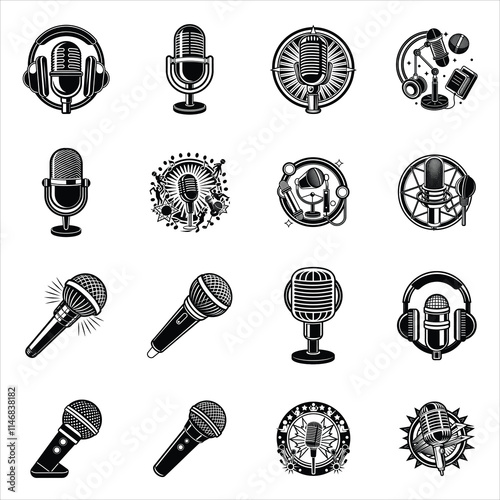 Microphone Vector Bundle  vector illustration in black and white photo