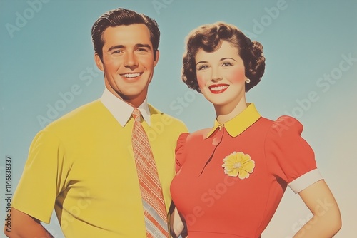 Retro Couple 1950s in Vintage Attire Smiling Against Bright Blue Background