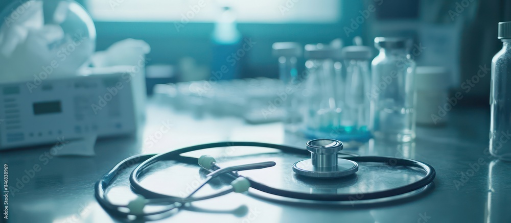 Stethoscope placed on a laboratory table for health diagnostics, symbolizing medical tools and equipment used in healthcare Stethoscope placed on a laboratory table for health diagnostics, symbolizing medical tools and equipment used in healthcare