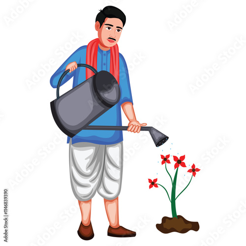 Indian Gardener Pouring Water To Plant Cartoon Character Vector Illustration