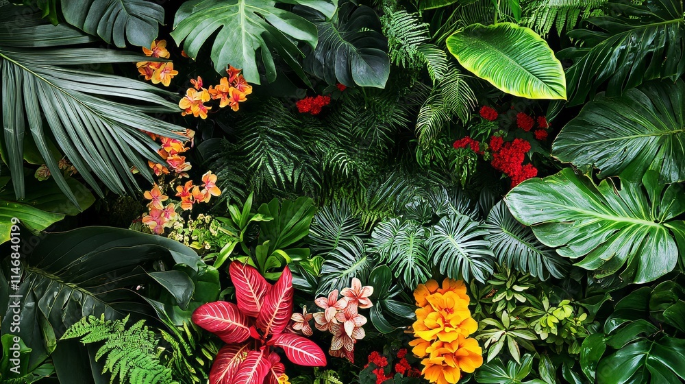 Exotic tropical flowers in a lush rainforest setting, overhead shot, Tropical style Exotic tropical flowers in a lush rainforest setting, overhead shot, Tropical style