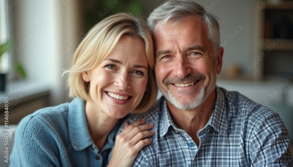 A happy couple, a middle-aged man with gray hair and a woman with blonde hair, are smiling warmly at the camera, radiating love and joy. Their close embrace and genuine expressions create an inviting A happy couple, a middle-aged man with gray hair and a woman with blonde hair, are smiling warmly at the camera, radiating love and joy. Their close embrace and genuine expressions create an inviting